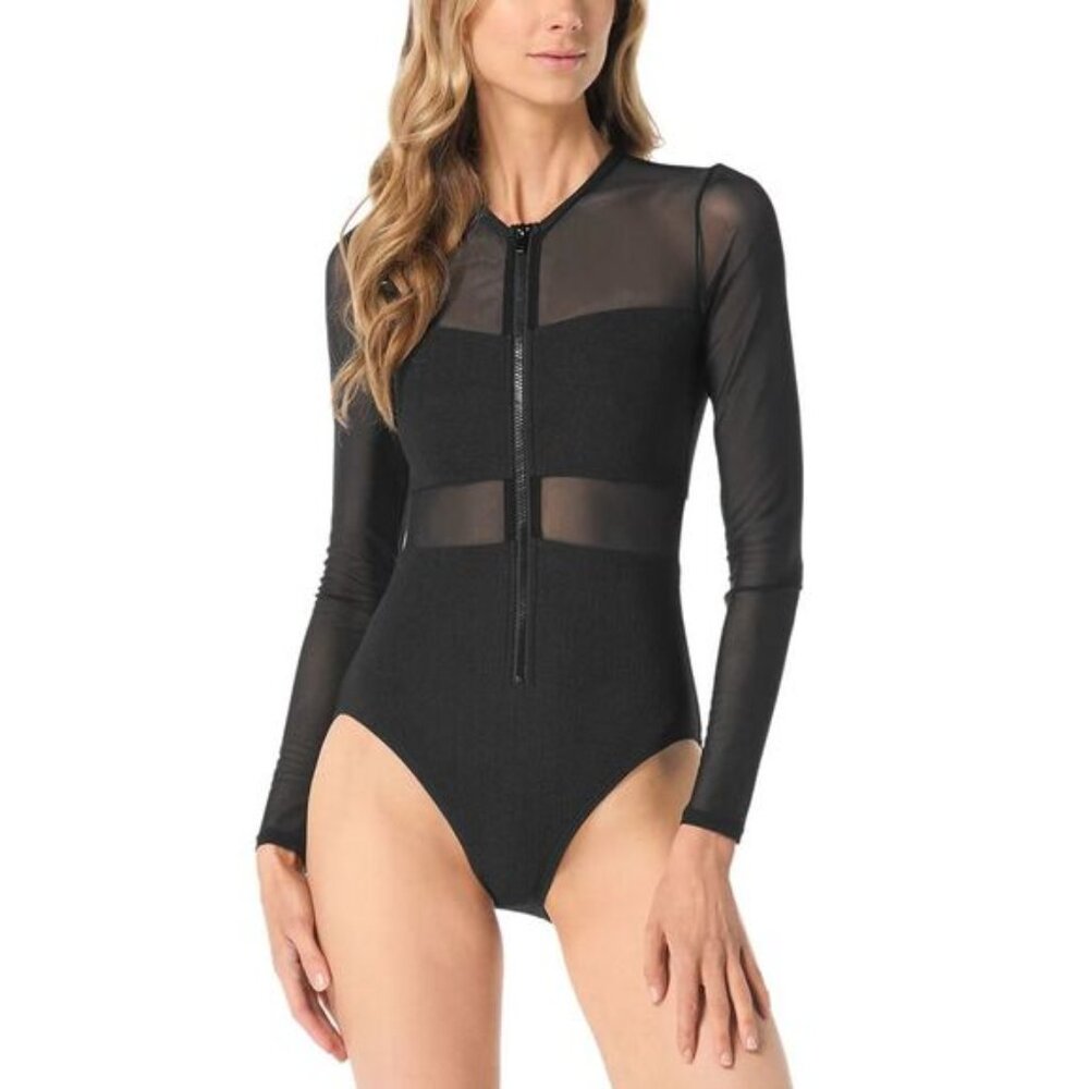 Michael Kors Womens Stretch Nylon Zip-up Swimsuit 4 Black - NWT